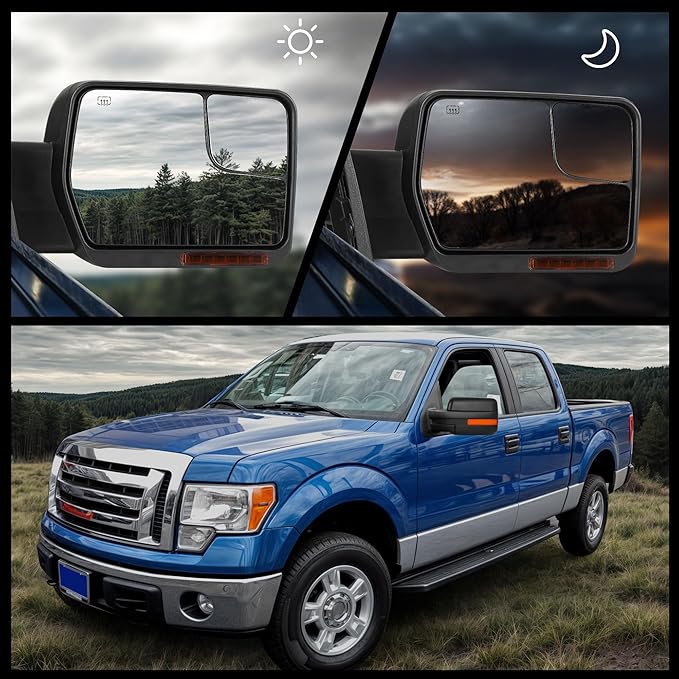 DWVO Tow Mirrors Compatible with 07-14 Ford F150 Power Heated Towing Mirror with Dual Turn Signal Light Puddle Light Black