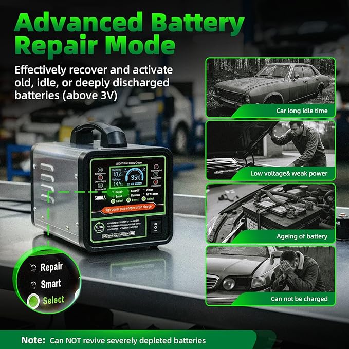 24V 12V Car Battery Charger Heavy Duty Trickle Charger for Car Battery 0-15A Smart Automotive Lead-Acid Battery Maintainer with Auto Off/Repair/Winter Modes LCD Display for Car Truck Boat Motorcycle