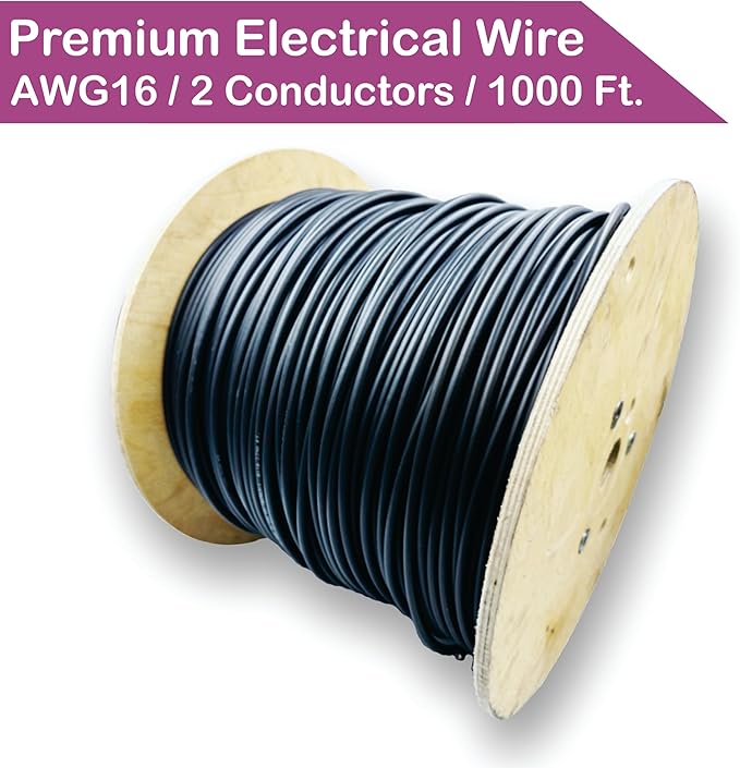NATIONAL Wire & Cable – 16 AWG 2-Conductor Premium Copper Wire, 1000 ft, Stranded | Made in USA, Heavy-Duty Flexible Jacket | LED, Lights, DIY Projects, Low Voltage Wiring, Indoor and Outdoor Use