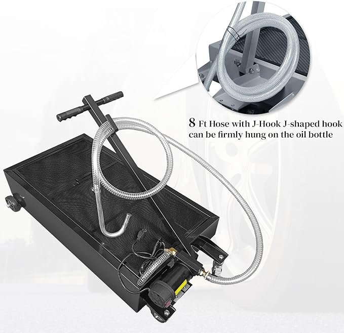 25 Gallon Oil Drain Pan with Electric Pump, Low-Profile Oil Pans for Changing Oil, T-Handle and J-Hook Makes Drain Easier, Black