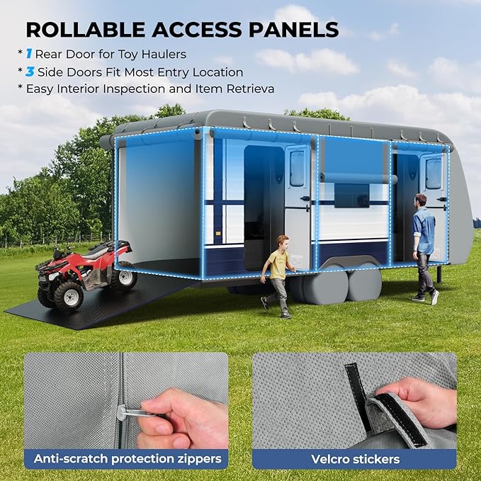 RVMasking Travel Trailer RV Cover 34-37ft, 7 Layers Extra-Thick Camper Cover Waterproof Windproof for Toy Hauler with 4 Tire Covers & Tongue Jack Cover & Propane Tank Cover, Light Gray