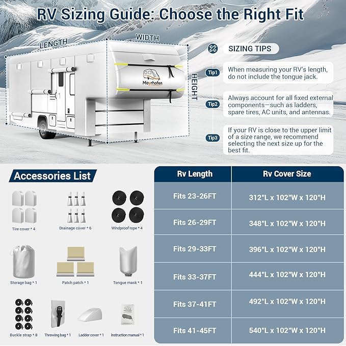 600D Oxford Fabric 5th Wheel Cover 33-37ft RV Cover, 6 Layers Waterproof Rip-Resistant Anti-UV Motorhome Camper Cover with Tongue Jack Protection, Tire Covers, Windproof Straps