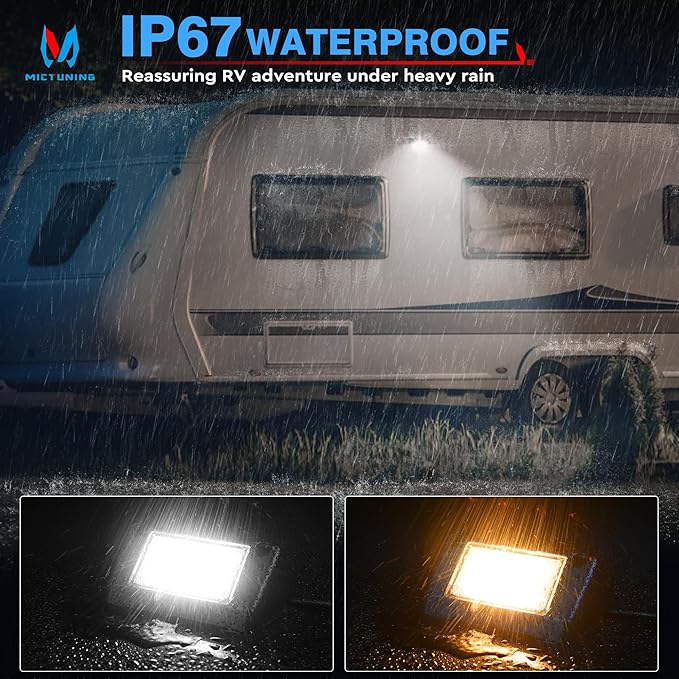 MICTUNING RV Porch Lights, 5 Inch 45W Amber/White LED Exterior Utility Awning Light 6000K Aluminum Housing IP67 Waterproof Replacement Lighting for Trucks Trailers Bus Marine Boats, 2 Pcs