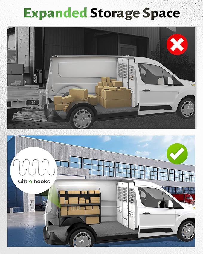 StarONE Cargo Van Shelving Storage Fit for Transit Connect 2014+,NV200,Chevy City Express, Promaster City with S-Shaped Hooks,Black,Steel,52" W x 43" H x 13" D