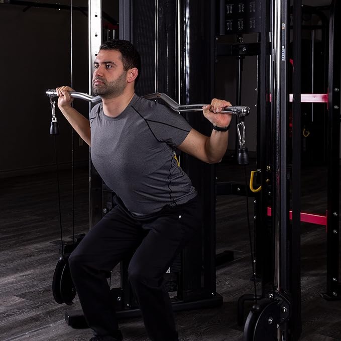 AmStaff 48" Straight Ez Curl Lat Pull Down Bar with Revolving Double Hook for Dual Pulley Cable Machines, Functional Trainer Multi-Purpose Attachment