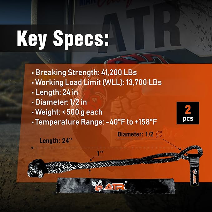 ATR Soft Shackles 1/2” x 24” (2 Pack, Black) – 41,200 lbs Synthetic Rope Recovery Shackles – Heavy-Duty UHMWPE Tow Connectors for Off-Road 4x4, Jeep, Truck, ATV, UTV