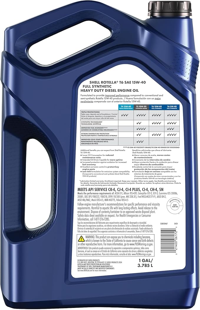 Shell Rotella T6 Full Synthetic 15W-40 Diesel Engine Oil, 1 Gallon