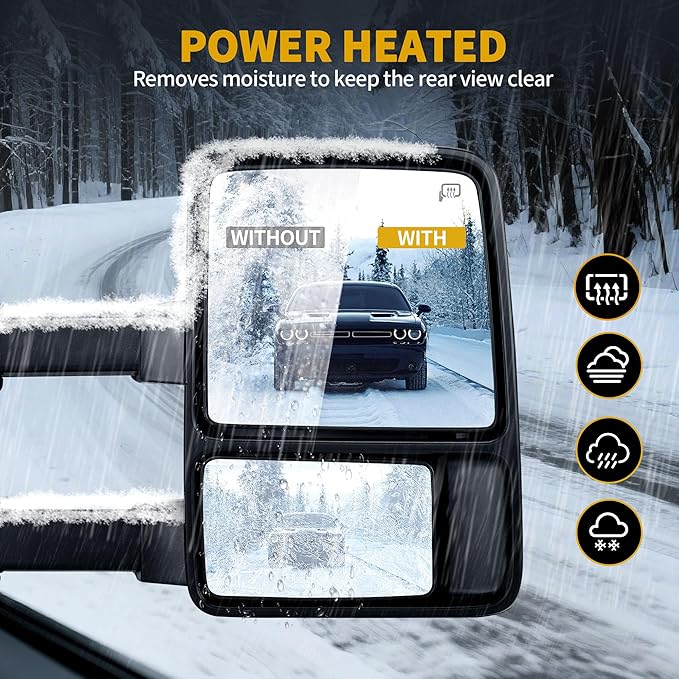 DWVO Towing Mirrors for 1999-2007 Ford F-250 F-350 F-450 F-550 Super Duty Trucks | LED Turn Signal Power Adjustable Heated Telescoping Chrome Finish