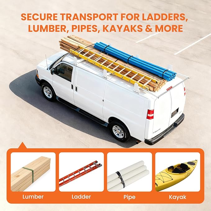 Van Roof Ladder Rack, 3 Adjustable Crossbars (48"-67") with Rain Gutter Mounts, Compatible with Chevy Express 1500/2500/3500, Ford Econoline, and GMC Savana Cargo Vans with Rear Roller