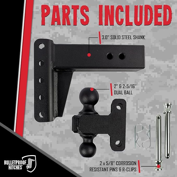 BulletProof Hitches - 3.0" Adjustable Extreme Duty Trailer Hitch (36,000 lb. Rating) - 4" Drop/Rise with 2" and 2 5/16" Dual Ball - Powder Coat, Solid Steel, Corrosion-Resistant