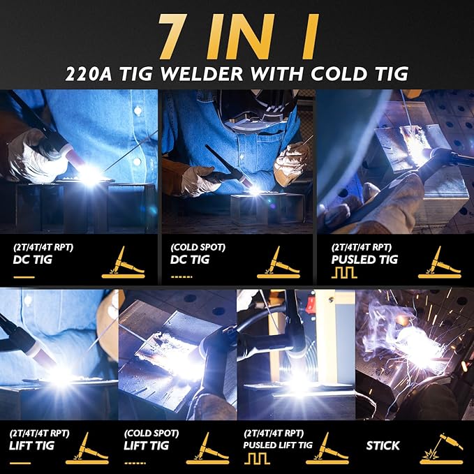 TOOLIOM 220A Cold TIG Welder with DC Pulse, 7 In 1 Cold Spot Lift TIG/Stick Welder with IGBT Inverter, 110&220V Welding Machine with Large Digital Display 2T/4T/4T PRT Mode TIG Welding Equipment