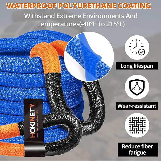 Kinetic Recovery Tow Rope: 1.26" x 30ft Snatch Strap with Soft Shackles Heavy Duty Offroad Towing Straps Kit for Trucks SUV UTV ATV Tractor Car Jeep - Blue