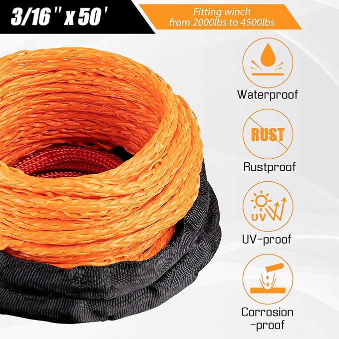 Synthetic Winch Rope - 3/16" x 50ft 8,450LBS Winch Line with 4-7/8" Fairlead, Forged Winch Hook and Rubber Stopper, Protective Sleeve Synthetic Winch Cable for 4WD ATV UTV Offroad Vehicles Orange