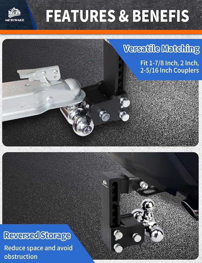 METOWARE Trailer Hitches, Adjustable Trailer Hitch Ball Mount-Fits 2.5" Receiver-Heavy Duty Drop Hitch, Tri-Ball (1-7/8" x 2" x 2-5/16") 6" Drop/Rise, 18,000 GTW and Anti-Theft Stainless Steel Lock