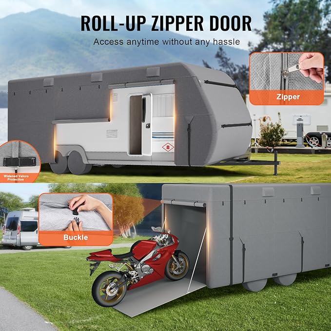 VEVOR Travel Trailer Cover, 22-24 ft RV Cover, 4-Layer Non-Woven Fabric Camper Cover, Waterproof, Windproof and Rip-Stop Class A RV Cover, with Storage Bag, Repair Patches, Straps and Tire Covers