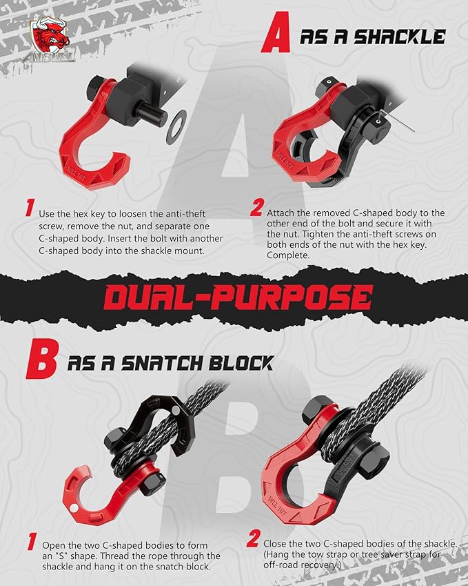 D Ring Separate Shackle with Snatch Block 2 Set, 3/4" Shackles w/Snatch Block Pulley, Heavy Duty Shackle for Towing Winch, Pulley for Off-Road Vehicle Recovery, Truck, ATV, UTV, BlackRed