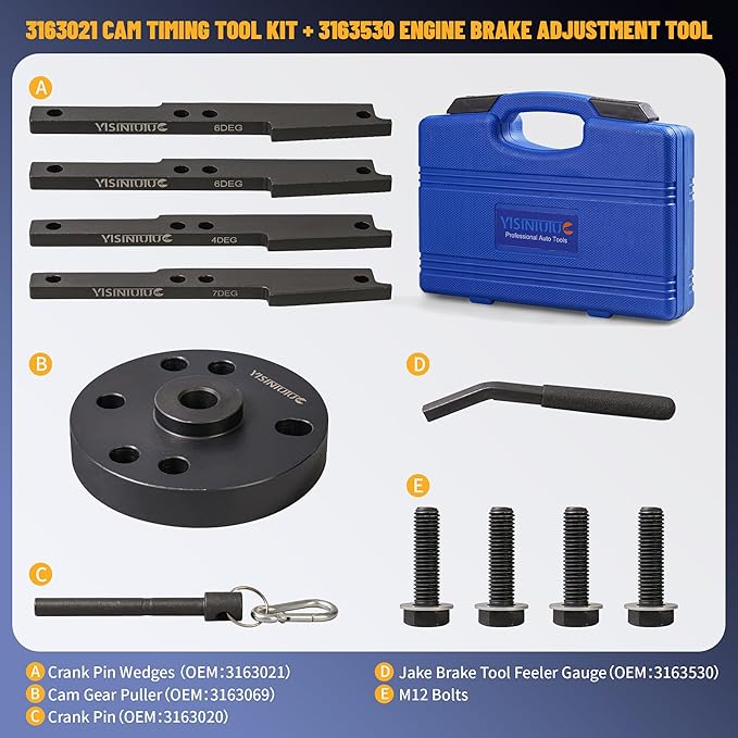 3163021 Cam Timing Tool Kit Engine Brake Adjustment Tool 7MM for All Cummins ISX QSX Engine 2007-2017.Heavy Duty Camshaft Holding Tool with 3163530 Engine Brake Adjustment Tool 3163069 Cam Gear Puller