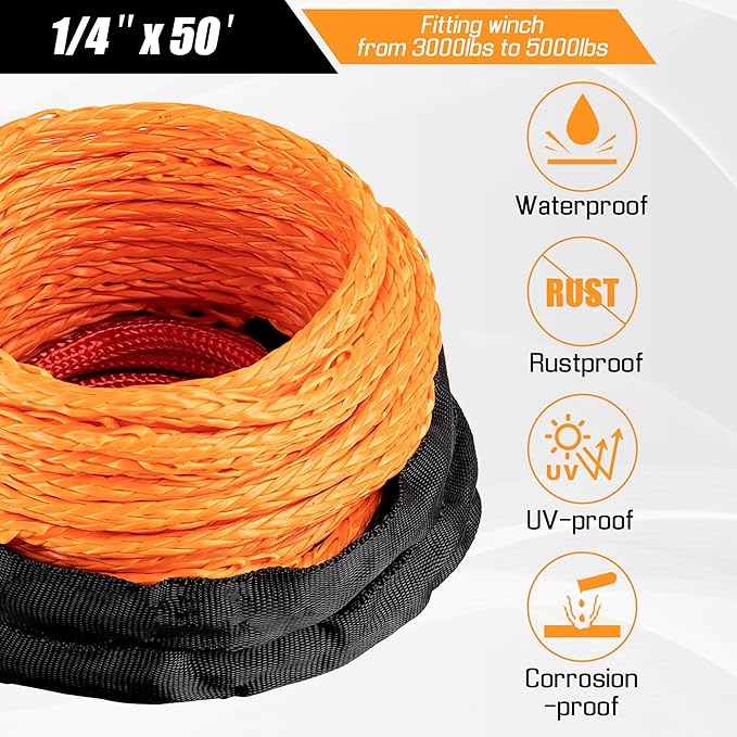 Synthetic Winch Rope-1/4 x 50ft 10,000LBS Winch Line with 6" Fairlead, Forged Winch Hook and Rubber Stopper, Protective Sleeve Synthetic Winch Cable for 4WD ATV UTV Offroad Vehicles, Orange