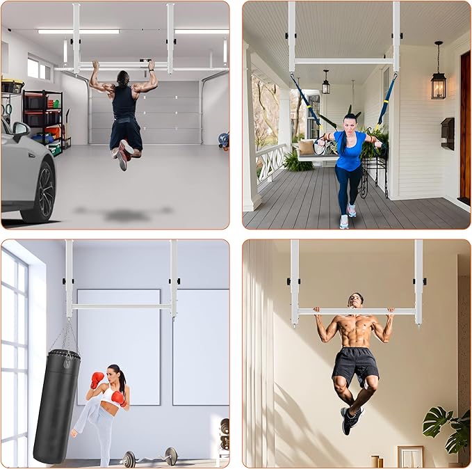 48" Ceiling Mount Pull Up Bar, Heavy Duty Multi-Grip Rafter Chin Up Bar for Garage/Basement/Backyard Ceiling Beam, Adjustable Height&Supports to 650 Lbs