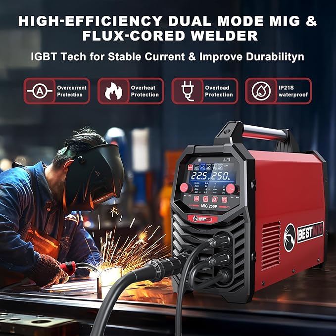 BESTMIG 8 in 1 Aluminum MIG Welder,250Amp 110V/220V Large LED Display,Pulsed MIG/MIG/Gas MIG/Flux Core/Spool Gun MIG/Lift TIG/Stick multiprocess welder,250P