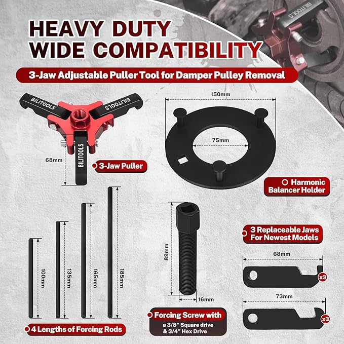 BILITOOLS Harmonic Balancer Puller Set, Upgraded 3-Jaw Pulley Puller with Holding Tool for Removing Harmonic Damper Balancers Compatible with Chevy, GM, Chrysler, Ford etc.