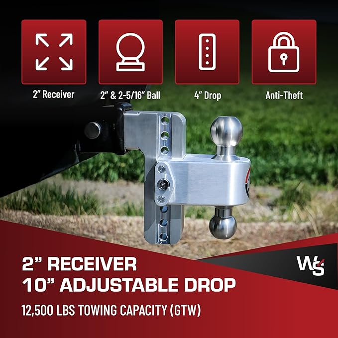 Weigh Safe Adjustable Trailer Hitch Ball Mount, 4" Adjustable Drop Hitch for 2" Receiver w/ 4 pc Keyed Alike Lock Set, Heavy Duty Aluminum Trailer Tow Hitch w/Chrome Plated Tow Balls, 12,500 lbs GTW