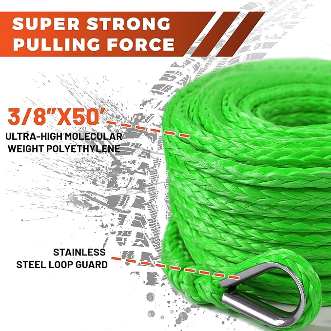 Winch Rope Extension, 3/8'' x 50ft 27,000Lbs Synthetic Winch Extension Rope, Winch Extension Line for Off Road Vehicle ATV UTV SUV Jeep (Green)