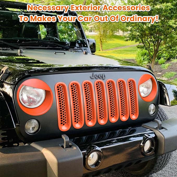 Front Grille Mesh Inserts & Headlight Cover for Jeep Wrangler JK JKU Sport Freedom Rubicon Sahara Unlimited 2007-2018 Exterior Accessories Clip-in Grille Guard Headlight Bezels Trim (Matte Orange)
