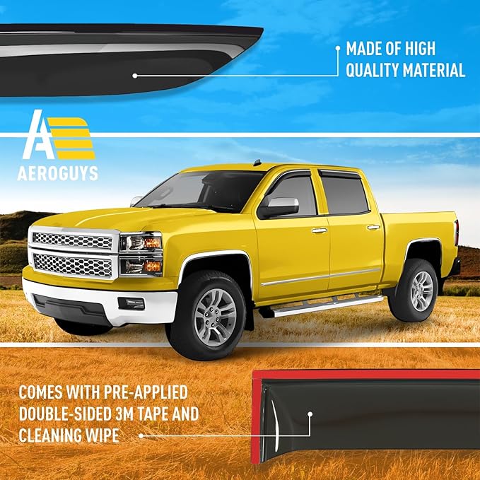 Extra Durable Window Deflectors Tape-On Window Visors Rain Guards Fit for Chevrolet (Chevy) Silverado 1500 2014-2018 Crew Cab, Sun Visors, Wind Vent for Shades, Exterior Car Accessories - 4pcs. AG0867