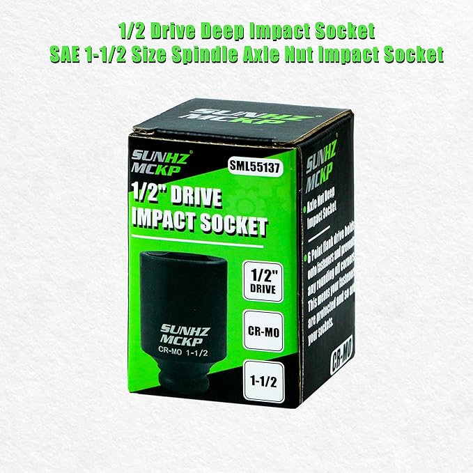 SUNHZMCKP 1/2 Inch Deep Drive Impact Socket, SAE 1-1/2 Socket, CR-MO, 6 Point Axle Nut Socket for Easy Removal of Axle Shaft Nuts (1-1/2 inch)