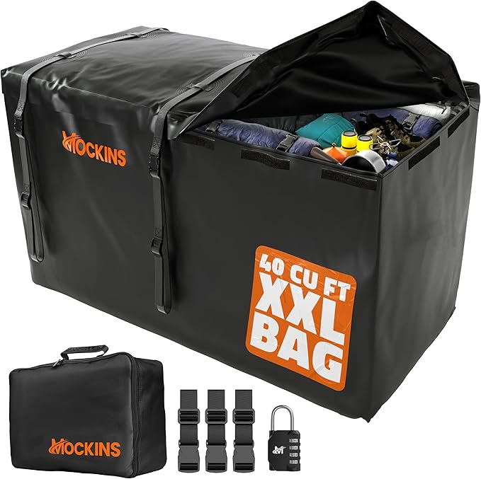Mockins XXL 40 CuFt Hitch Cargo Carrier Bag Waterproof & All-Weather Set | 70"x30"x33" Abrasion-Resistant Vinyl Cargo Bag for Hitch Carrier | Vehicle Soft-Shell Carriers w/Straps, Lock, & Carry Bag