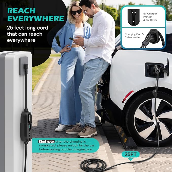Level 2 Electric Vehicle (EV) Charger(WIFI APP/Plug-play), 32A, 25ft Cable ETL Certified, 220V-240V NEMA 14-50P Plug EVSE w/ J1772 Connector, Portable EV Car Charging Stations for Home Level 2