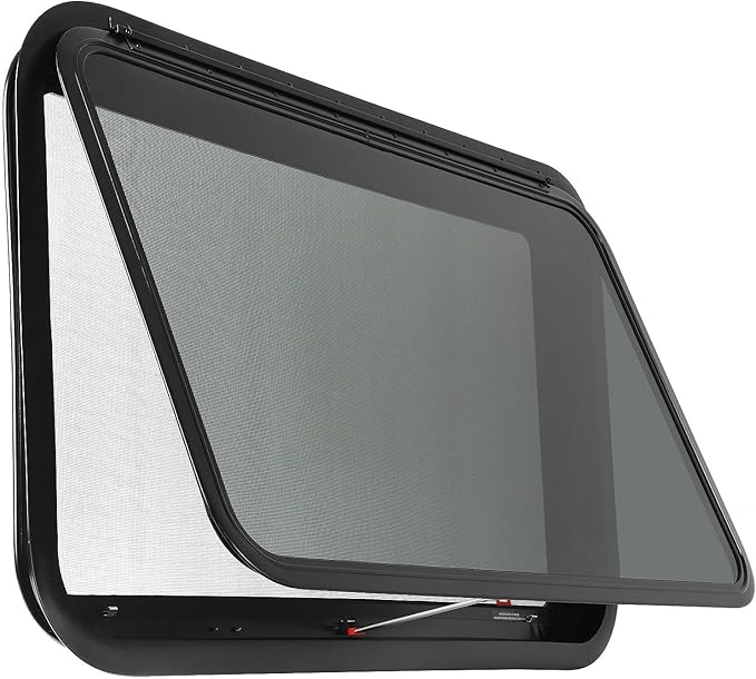 RV Exit Window, 30" W x 22" H Tinted RV Window with Net Screen and Trim Ring, Suitable for 1-1/2" or 2" Walls, DOT Approved