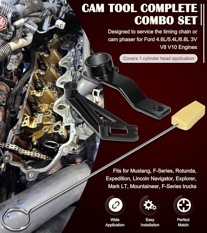 Camshaft Tool Complete Combo Set Fits for Ford 4.6L, 5.4L & 6.8L 3V Engines, Including Cam Phaser Holder Locking Tool, Timing Chain Locking Wedge Tool and Crankshaft Positioning Wrench Holder