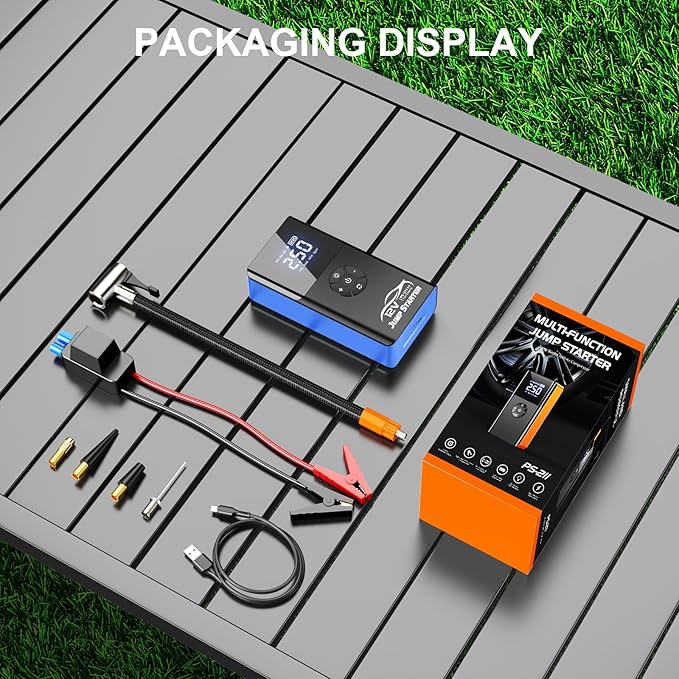 Jump Starter with Air Compressor, 8000A 180PSI, Portable Car Battery Jump Starter (All Gas/12L Diesel) 12V Automobile Jump Box Pack Chargers with Jumper Cables, 4-Mode LED Lights (Blue)