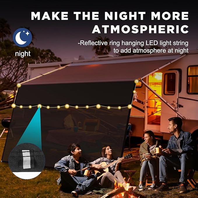 RV Awning Sun Shade Screen with Zipper 9' X 12'3",600D Oxford Cloth + Vinyl Mesh,Sunscreen Shade Complete Kits for Camper Trailer Awning,Black