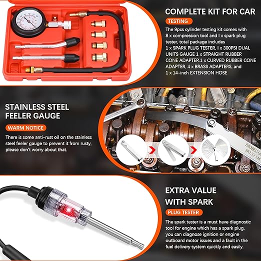 10 Pieces Engine Compression Tester kit with Spark Plug Tester and Metric Imperial Feeler Gauge for Automotives Car Motorcycle Truck with M10 M12 M14 M18 Adapters ﻿
