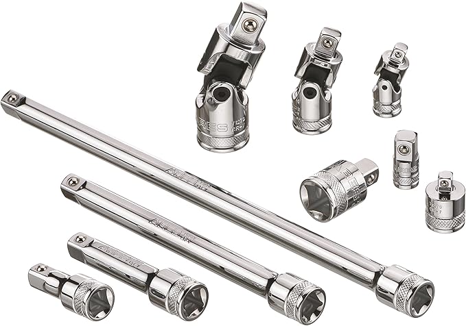 ARES 71270-10-Piece Socket Accessory Set - Premium Chrome Vanadium Steel with Mirror Finish - Includes Socket Adapters, Extensions and Universal Joints