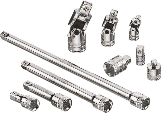 ARES 71270-10-Piece Socket Accessory Set - Premium Chrome Vanadium Steel with Mirror Finish - Includes Socket Adapters, Extensions and Universal Joints