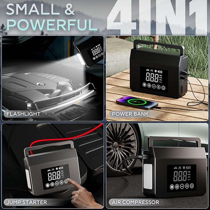 Hieha 4000A Portable Jump Starter with Air Compressor, 12V Car Battery Power (All Gas 8L Diesel) with 150PSI Tire Inflator 15000mAh PowerBank & Quick Charge, Flashlight, Emergency kit for Car, Truck