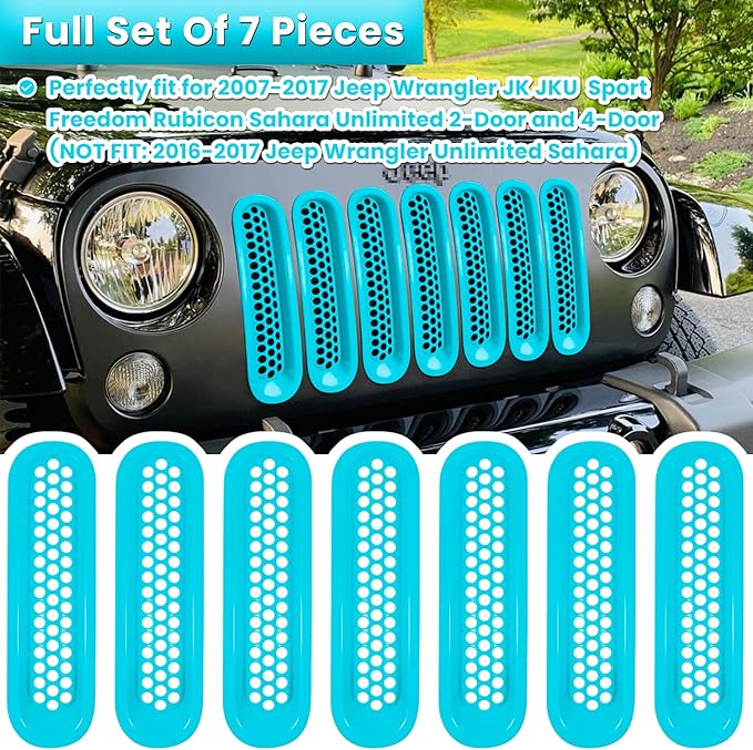 7PCS Front Grill Mesh Inserts for Jeep Wrangler JK JKU Unlimited 2007 2008 2009 2010 2011 2012 2013 2014 2015 2016 2017 2018 Grille Guard Cover Trim Clip-in Exterior Accessories (Matte Light Blue)