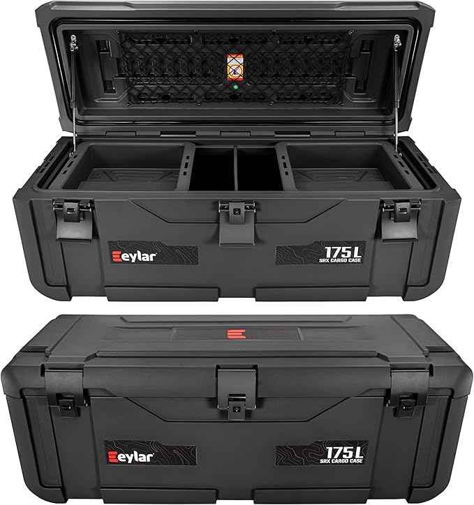 SRX-175 Overlanding Cargo Case – 175L Waterproof Storage Box for Camping, Off-Road & Truck Bed Gear – Heavy-Duty Lockable Storage with Gas Strut Lid, Stackable Design & Interior Organizer Tray (Black)