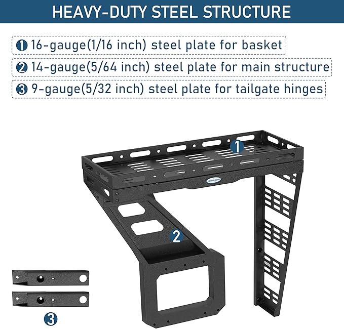 Hooke Road Tailgate Storage Basket Spare Tire Cargo Rack for 1997-2006 Jeep Wrangler TJ, Steel Luggage Carrier Tray with Reinforced Tailgate Hinge for Overlanding Camping Accessories
