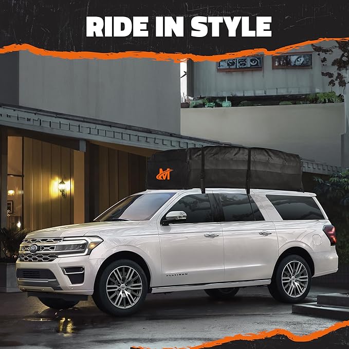 Mockins XXL 50 CuFt Cargo Roof Bag | 85"x50"x20" All-Weather Soft Shell Vinyl Car Top Carrier Without Roof Rack | Waterproof Rooftop Cargo Bag for Top of Car Storage | Roof Rack Bag w/Accessories