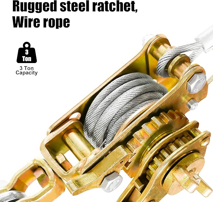 Come Along Winch 3 Ton Cable Winch Puller Double Rope 10Ft Heavy Duty Hand Puller Double Gear 6600LB with 2 Hooks Cable Ratchet Puller for Lifting Pulling