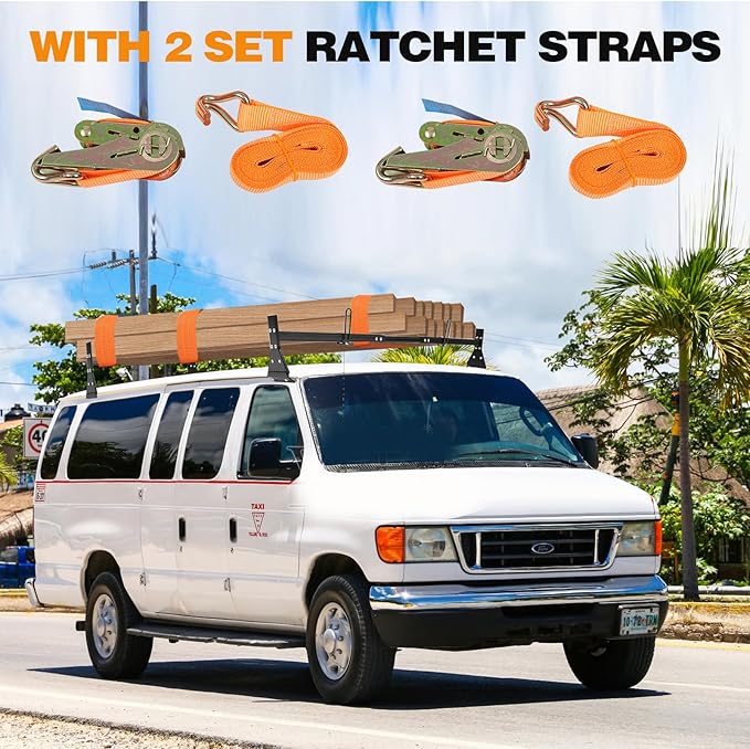 Universal Van Ladder Roof Racks, Adjustable Van Roof Ladder Racks with Cargo Roller Compatible with 1996-Up Chevy Express Fullsize and Vans with Rain Gutter,Black-2Pack