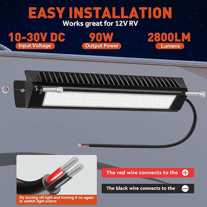 LED RV Exterior Porch Utility Light Waterproof 10-30V DC Low Current 13" Lighting Fixture 90W 2800LM Aluminum Base led Scene Lighting for RV, Trailer, Camper(6000K Nature Yellow White)