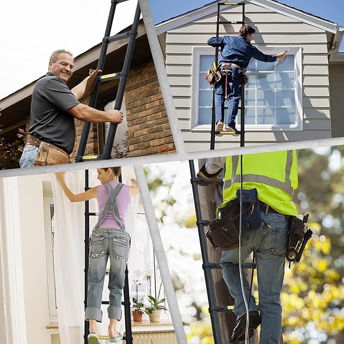 12.5FT Aluminum Telescoping Ladder, Multi-Purpose Extension Ladder w/Triangle Stabilizers and Non-Slip Feet, 330lbs Capacity Retractable Ladder for RV, Indoor and Outdoor Black