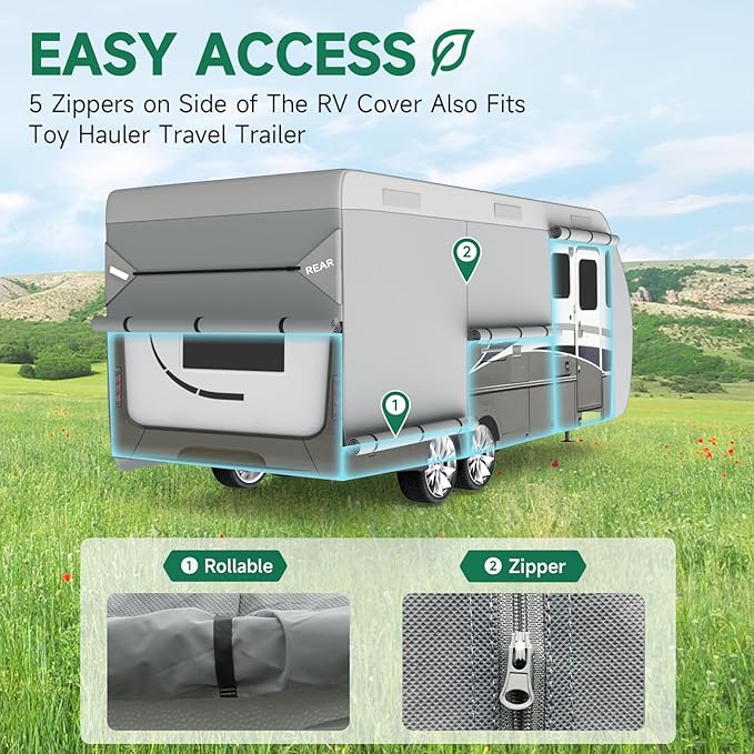 Umbrauto RV Cover Fits 24-27ft Travel Trailer: Lightweight, Waterproof Camper Cover for Toy Hauler, Winter Campsite, with Gutter Covers, Tongne Jack Covers, Windproof Straps