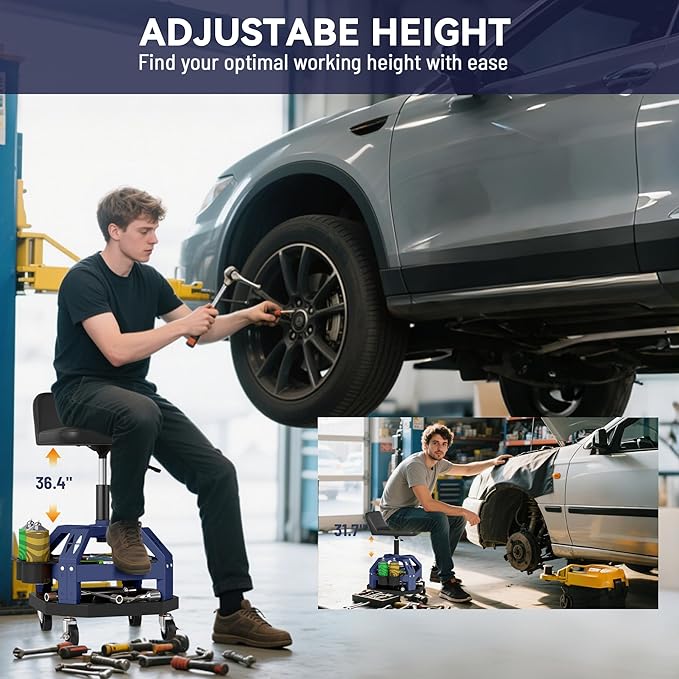 HOMCOM Rolling Mechanic Stool, 300 LBS Capacity Pneumatic Creeper Garage Stool with 360° Wheels, Backrest, Heavy Duty Roller Seat Padded Shop Chair with Tool Tray Storage, Adjustable Height (Blue)